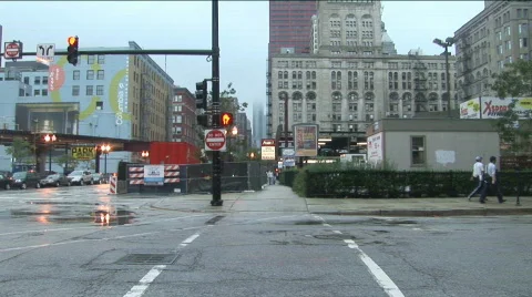Corner of Harrison and Wabash, Chicago, IL; looking North; rainy, overcast day Stock Footage 493582