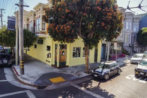 Corner house with tree in front Stock Photos