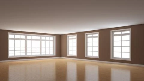 Corner of the Interior with Brown Walls, Four Windows, Light Parquet Flooring Stock Illustration