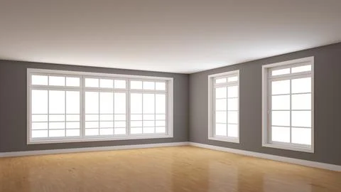 Corner of the Interior with Grey Walls, Three Large Windows Stock Illustration