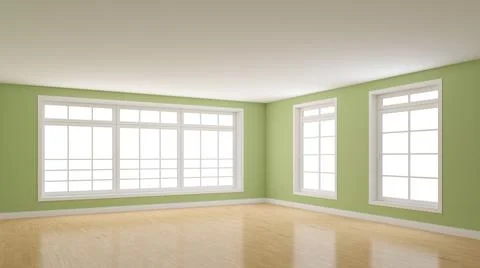 Corner of the Interior with Light Green Walls, Three Large Windows Stock Illustration
