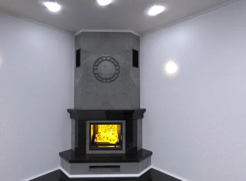 Corner marble fireplace. 3D render Illustrazione stock