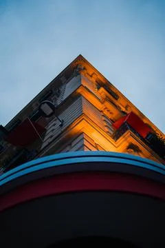 Corner of a Multi Level Building in Braoque Style Lit Up with Lights Stock Photos