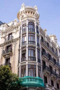 Corner of an old Art Nouveau building on Calle Major in the center of Madrid Stock Photos