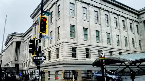 Corner Pan Shot around Smithsonian American Art Museum with Metro Stand Stock Footage 244493491