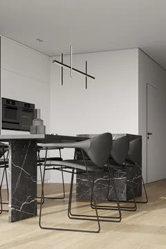 Corner of panoramic minimal luxury kitchen with black marble island, wooden Stock Illustration