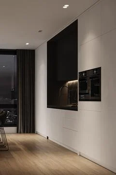 Corner of panoramic minimalist luxury kitchen with black marble island, wooden Stock Illustration