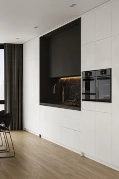Corner of panoramic minimalist luxury kitchen with black marble island, wooden Stock Illustration