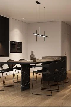 Corner of panoramic minimalist luxury kitchen with black marble island, wooden Stock Illustration