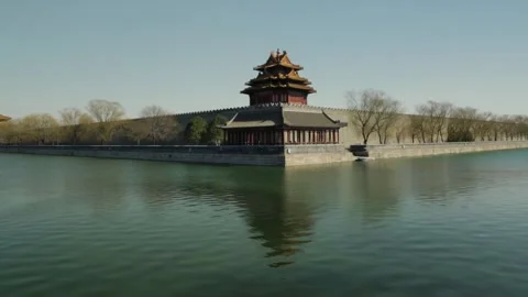Corner Pavilion and Moat of Forbidden City Reflected in Water, Beijing, China Stock Footage 345821601