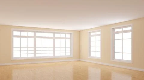 Corner of the Room with Beige Walls, Three Windows, Light Glossy Parquet Floor Stock Illustration