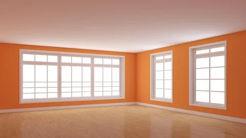 Corner of the Room with Orange Walls, Three Windows, Light Glossy Parquet Floor Stock Illustration