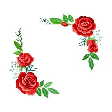 Corner Rose Frame with Red Lush Bud and Green Leaves Arranged in Shape Vector Stock Illustration