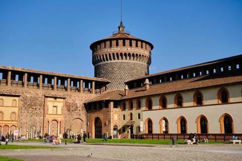 Corner of Sforza Castle tower during sunny day. Stock Photos