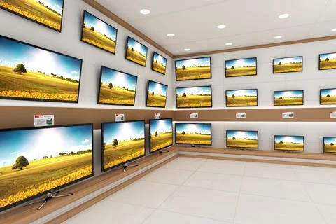 Corner is showcasing flat design electronics shop with modern TVs on wood Illustrazione stock