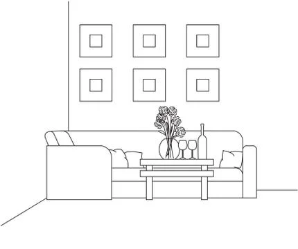 Corner sofa, table with a vase, glasses and a bottle. Illustrazione stock