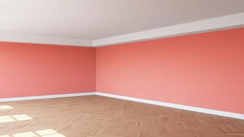 Corner of the Sunlit Room with Light Red Walls, a White Ceiling and Cornice Stock Illustration
