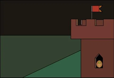 Corner tower of the castle with a flag at night, owl in a window, a stained Stock Illustration