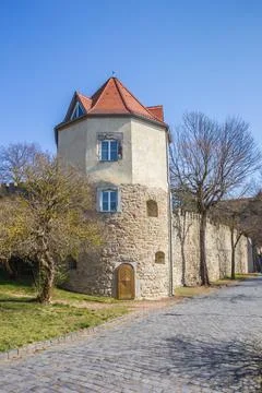 Corner tower on the surrounding wall of the castle in Seeburg Stock Photos