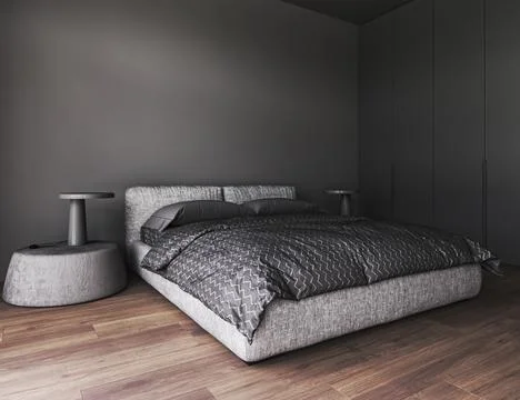 Corner view on dark bedroom interior with bed. Empty grey wall and wardrobe Stock Illustration