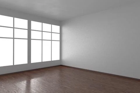 Corner of white empty room with windows and dark floor Stock-Illustration