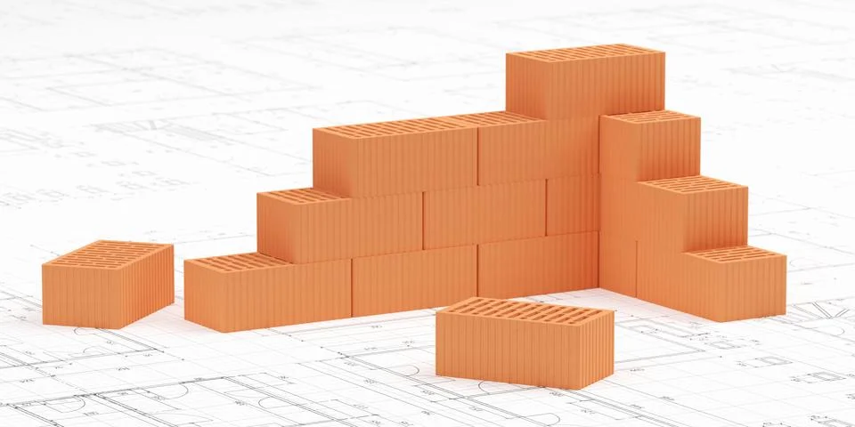 Cornered stack of red brick stones on architectural building construction d.. Stock Illustration