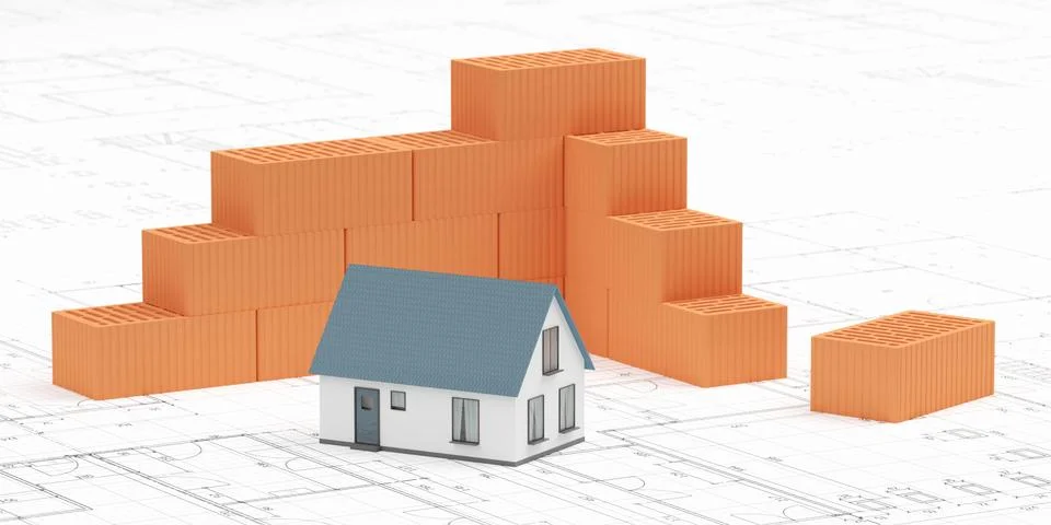 Cornered stack of red brick stones and miniature house model on architectur.. Stock Illustration