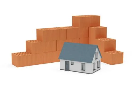 Cornered stack of red brick stones and miniature house model on white backg.. Stock Illustration