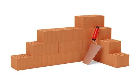 Cornered stack of red brick stones with trowel on white background, constru.. Stock Illustration