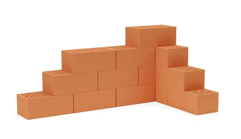 Cornered stack of red brick stones on white background, construction, build.. Stock Illustration