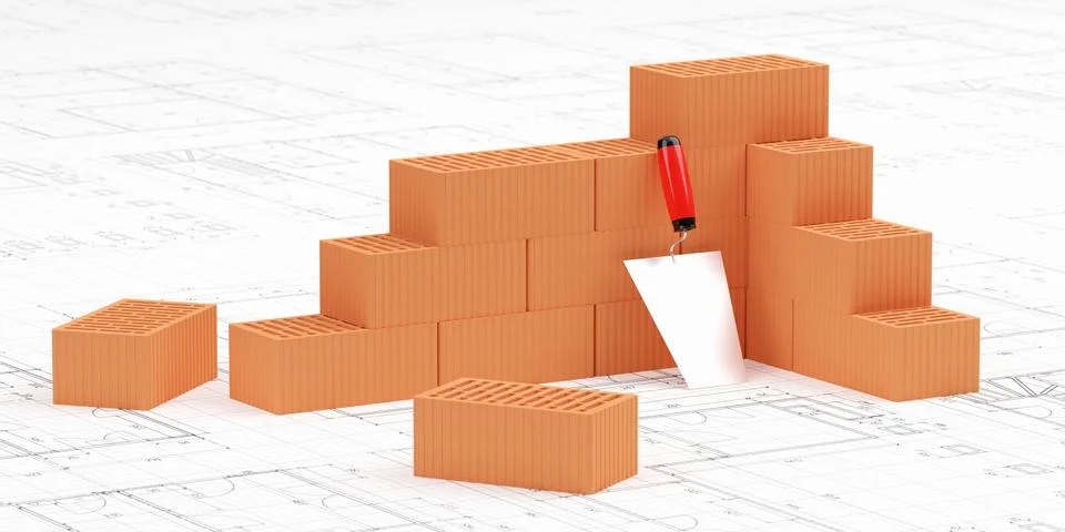 Cornered stack of red brick stones with trowel on architectural building co.. Stock Illustration