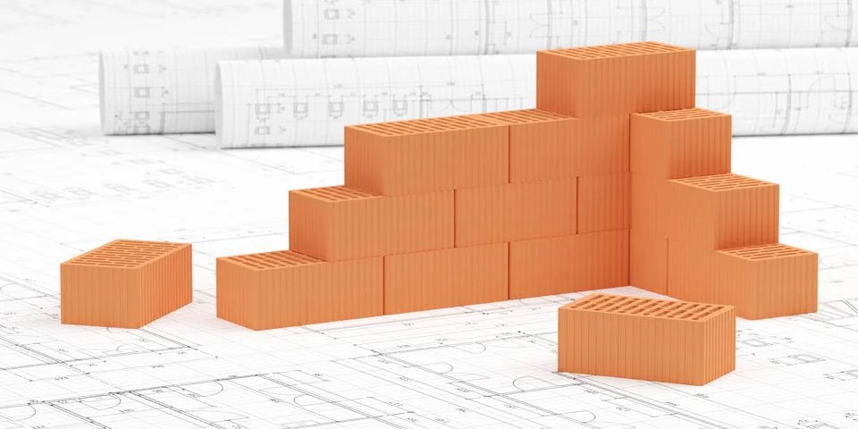 Cornered stack of red brick stones on architectural building with rolled co.. Stock Illustration