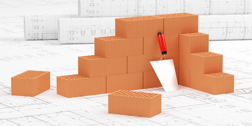 Cornered stack of red brick stones with trowel with drawing plan rolls on a.. Stock Illustration