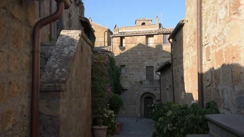 Corners and streets of the medieval small town in Lazio, Civita di Bagnoregio Stock Footage 79048976