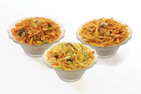 Cornflake and Thick Poha Chivda or Chiwda and mota mixer,madras mixer, served Stock Photos