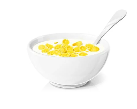 Cornflakes in ceramic bowl with spoon. Corn cereals. Vector illustration. Stockillustratie