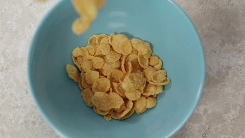 Cornflakes falling and filling a blue bowl Stock Footage 306637467