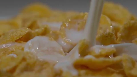 Cornflakes with milk in a plate on the table Stock Footage 140110495