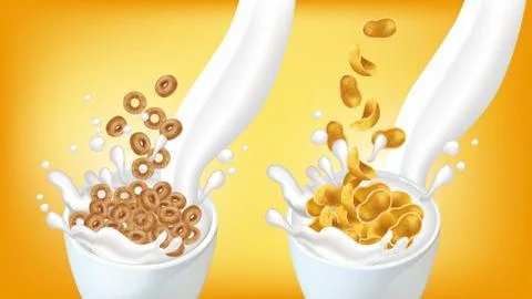 Cornflakes in milk splash Vector realistic mock up. package label design. 3d  Stockillustratie