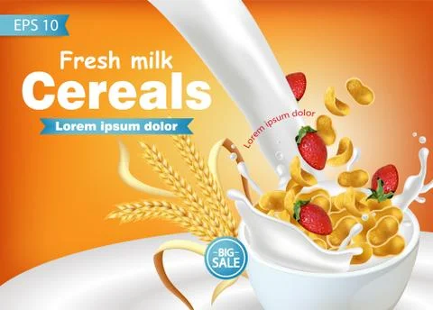 Cornflakes in milk splash Vector realistic mock up. Product placement label d Stockillustratie