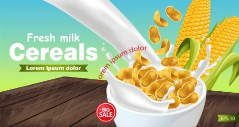 Cornflakes in milk splash Vector realistic mock up. Product placement label d Stockillustratie