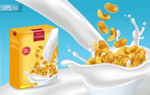 Cornflakes in milk splash Vector realistic mock up. Product placement label d Stockillustratie