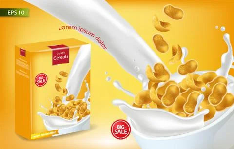 Cornflakes in milk splash Vector realistic mock up. Product placement label d Stockillustratie