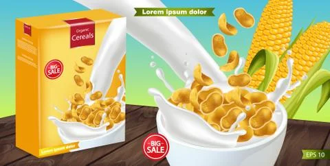 Cornflakes in milk splash Vector realistic mock up. Product placement label d Stockillustratie
