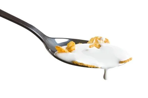 Cornflakes on the spoon with milk Stock Photos