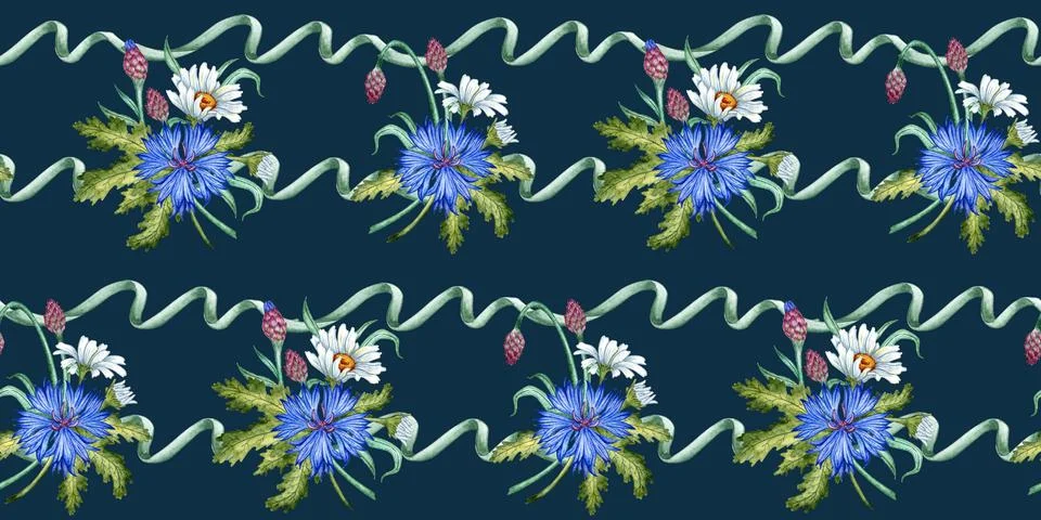Cornflowers, daisies in a pattern of green ribbon on a dark blue background, Illustrazione stock