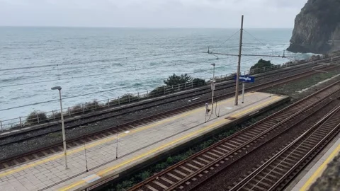Corniglia train platform by seaside, Cinque Terre, Italy Video stock 263258642