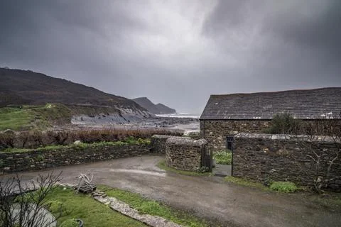 Cornish old stone building battered by the Coastal storms Stock-Fotos