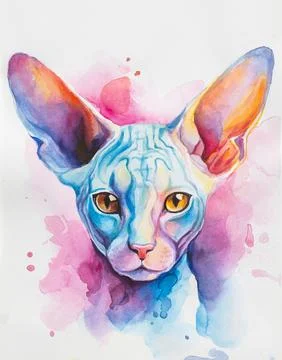 Cornish Rex Cat painted in watercolor on a white background in a realistic Stock Illustration