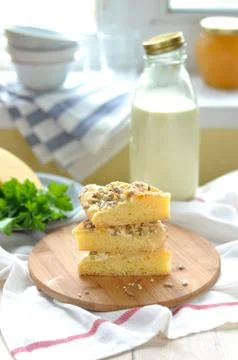 Cornmeal Flatbread with Cheese and Sunflower Kernels Stock Photos
